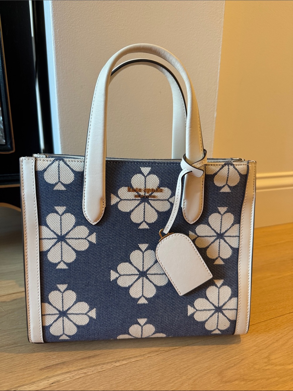 KATE SPADE Blue Floral Canvas Satchel with White Trim